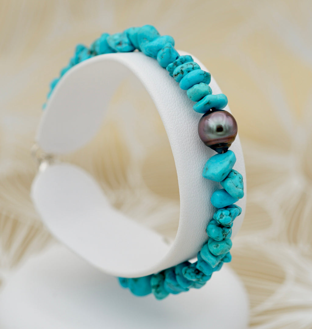 Collection Poeiti - pierres turquoises & perle de 8.2mm